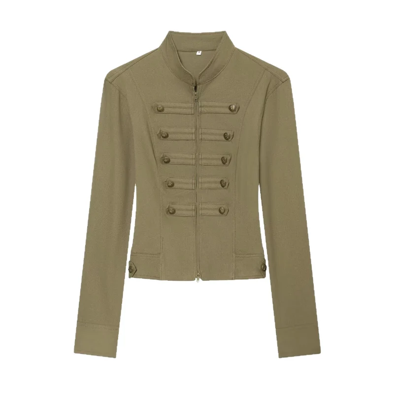 Damen Taillierte Militärinspirierte Kurzjacke mit Stehkragen und Zierknopfleisten Drune