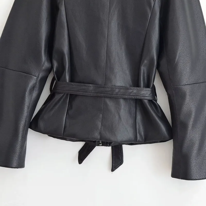 Damen Taillierte Lederoptik‑Jacke mit Bindegürtel und Raglanärmeln Drune