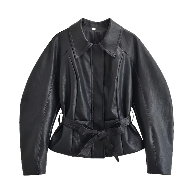 Damen Taillierte Lederoptik‑Jacke mit Bindegürtel und Raglanärmeln Drune