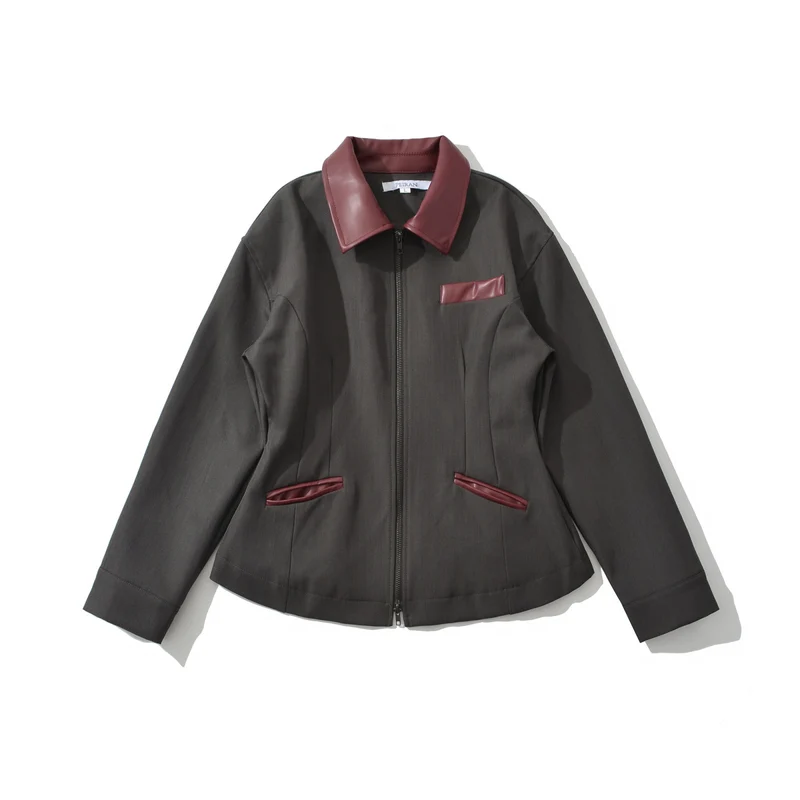 Damen Taillierte Kurzjacke mit Reißverschluss und Kunstlederbesatz Drune