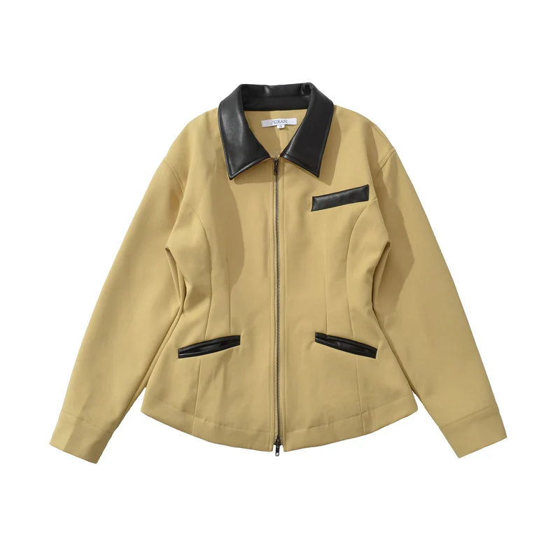 Damen Taillierte Kurzjacke mit Reißverschluss und Kunstlederbesatz Drune