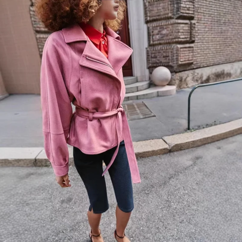 Damen taillierte Kurzjacke im Peplum‑Schnitt mit Schleifen‑Bindegürtel und asymmetrischem Reißverschluss Drune