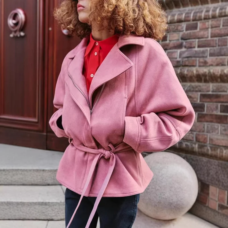 Damen taillierte Kurzjacke im Peplum‑Schnitt mit Schleifen‑Bindegürtel und asymmetrischem Reißverschluss Drune