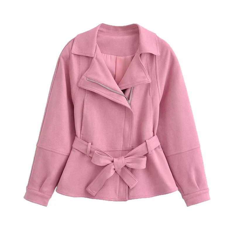 Damen taillierte Kurzjacke im Peplum‑Schnitt mit Schleifen‑Bindegürtel und asymmetrischem Reißverschluss Drune
