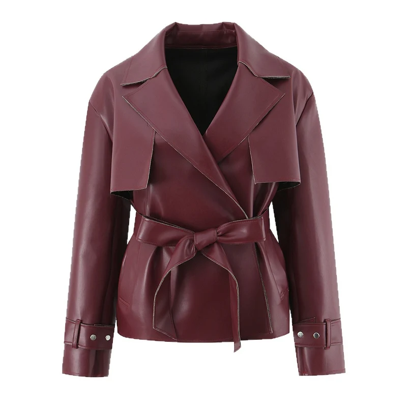 Damen Taillierte kurze Trenchjacke mit Bindegürtel und Cape-Detail aus veganer Lederoptik Drune