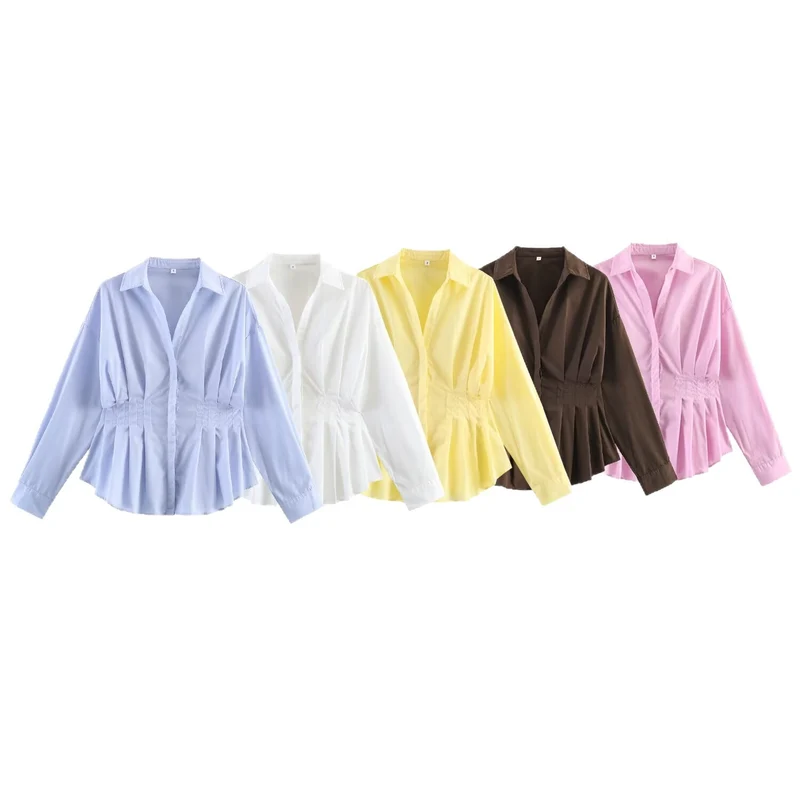 Damen Taillierte Hemdbluse mit Taillenraffung und Schößchen Drune