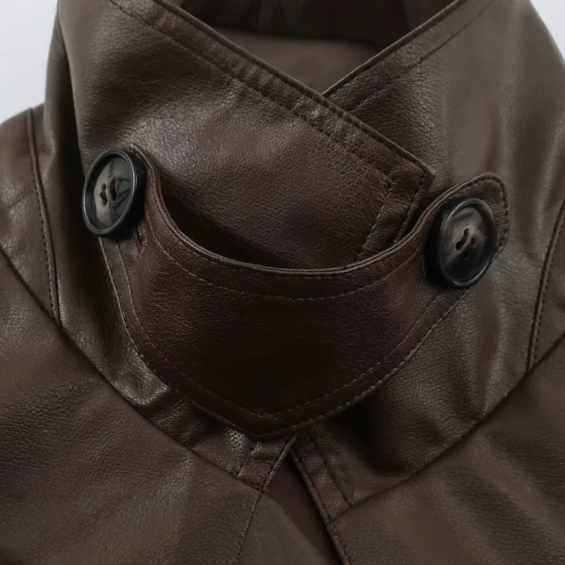 Damen taillierte Cropped Kunstlederjacke mit Bindegürtel und asymmetrischer Knopfleiste Drune