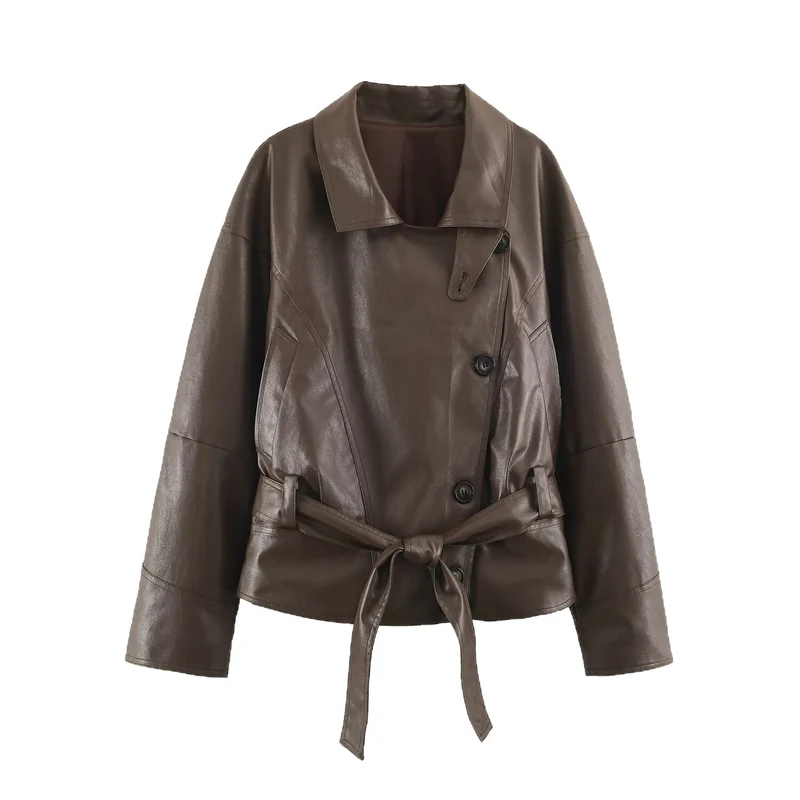 Damen taillierte Cropped Kunstlederjacke mit Bindegürtel und asymmetrischer Knopfleiste Drune