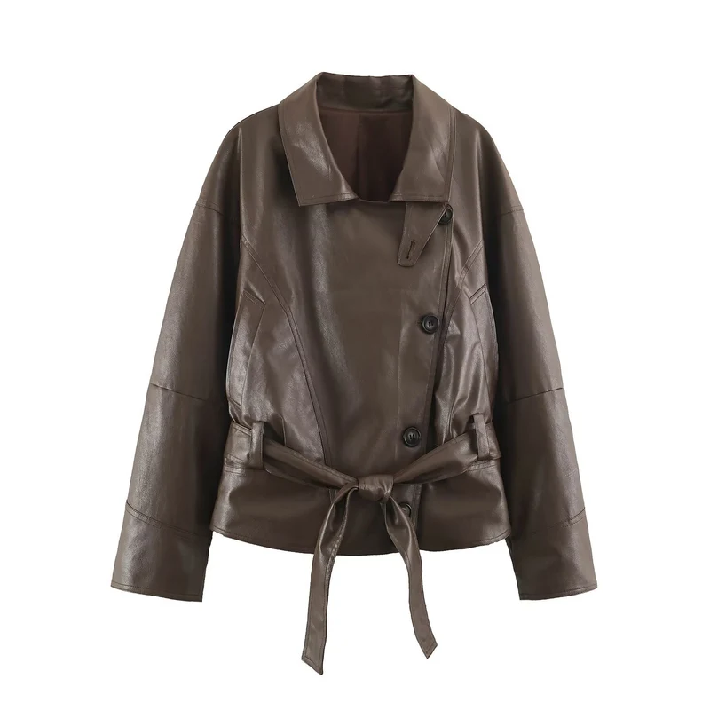 Damen taillierte Cropped Kunstlederjacke mit Bindegürtel und asymmetrischer Knopfleiste Drune