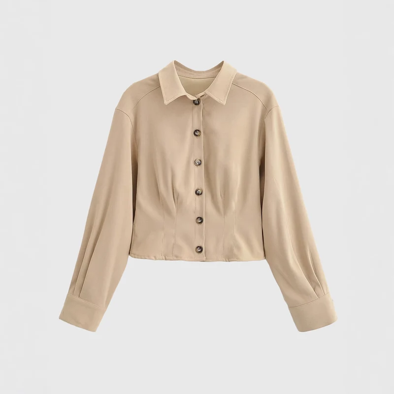 Damen Taillierte Cropped-Hemdjacke mit Wiener Nähten und Ballonärmeln Drune