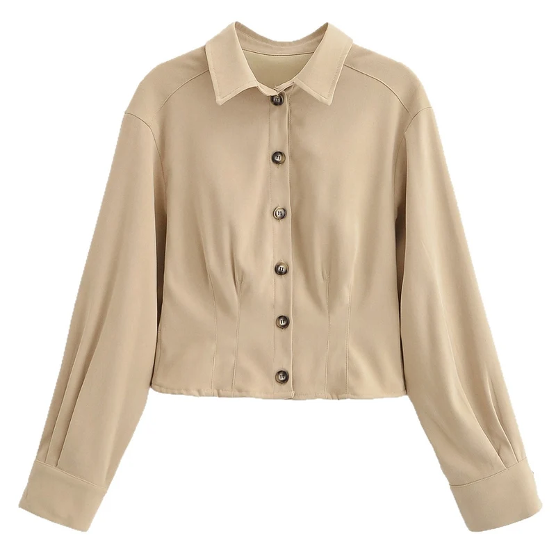 Damen Taillierte Cropped-Hemdjacke mit Wiener Nähten und Ballonärmeln Drune