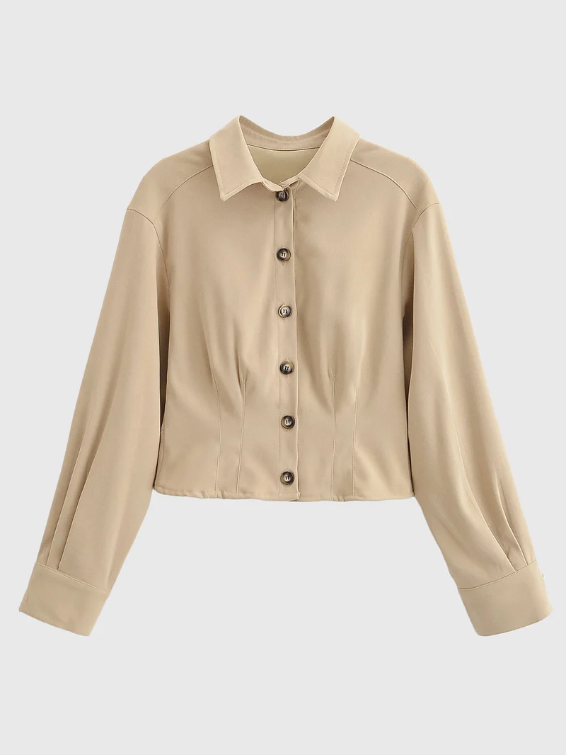 Damen Taillierte Cropped-Hemdjacke mit Wiener Nähten und Ballonärmeln Drune