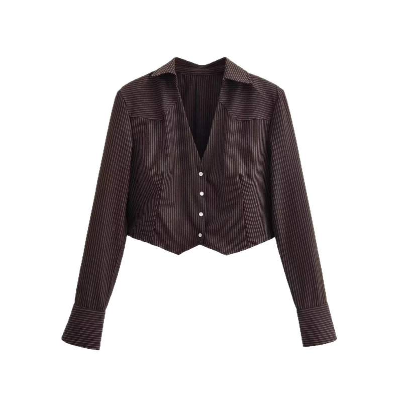 Damen Taillierte Cropped-Hemdbluse im Nadelstreifen mit tiefem V-Ausschnitt Drune