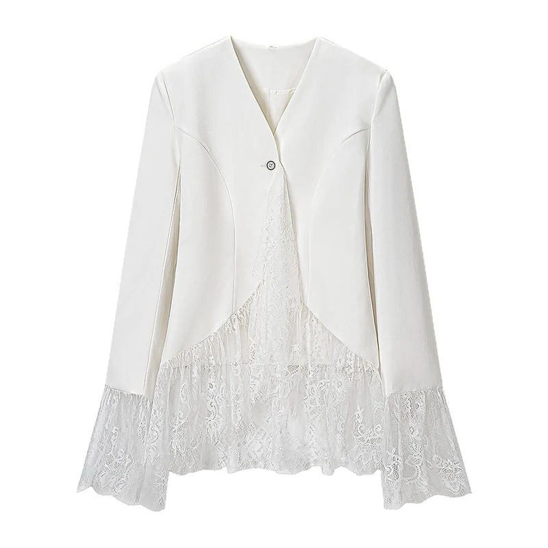 Damen Taillierte Blusenjacke mit Spitzenvolant und Glockenärmeln Drune