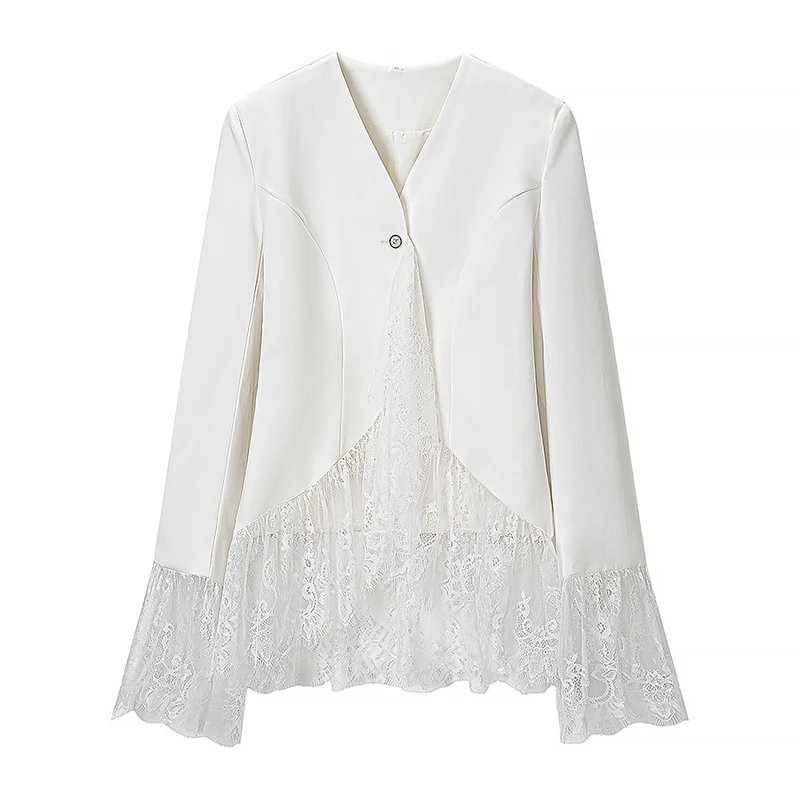 Damen Taillierte Blusenjacke mit Spitzenvolant und Glockenärmeln Drune