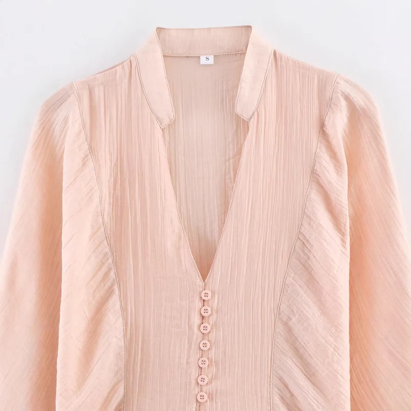 Damen Taillierte Bluse mit Stehkragen, V‑Ausschnitt und dekorativer Knopfleiste Drune