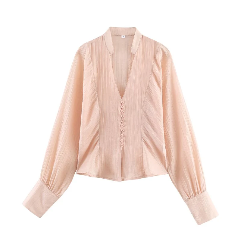 Damen Taillierte Bluse mit Stehkragen, V‑Ausschnitt und dekorativer Knopfleiste Drune