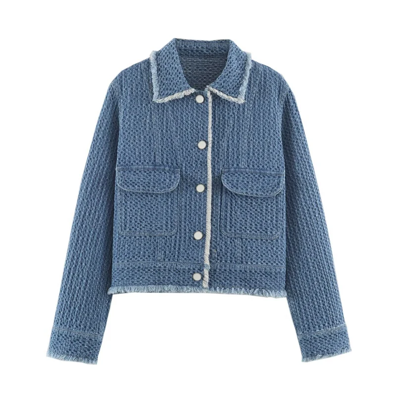 Damen strukturierte Kurzjacke aus Bouclé-Denim mit Fransensaum Drune