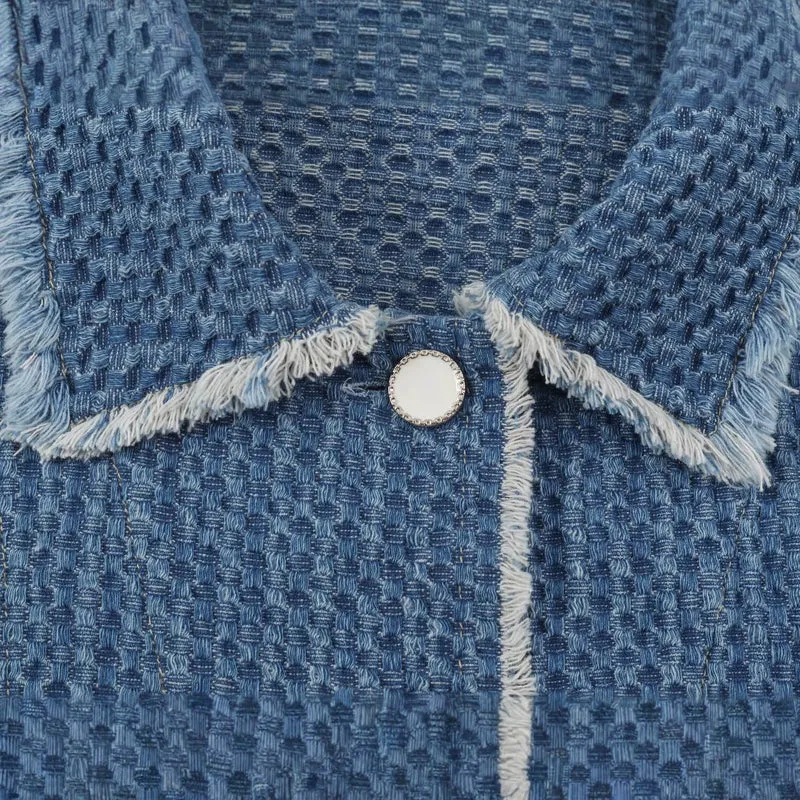 Damen strukturierte Kurzjacke aus Bouclé-Denim mit Fransensaum Drune