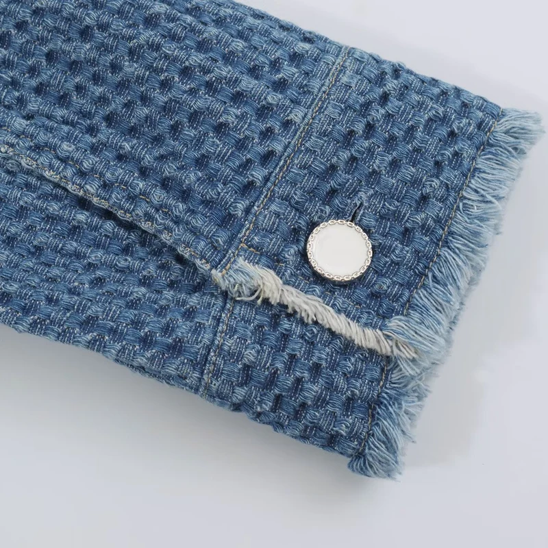 Damen strukturierte Kurzjacke aus Bouclé-Denim mit Fransensaum Drune