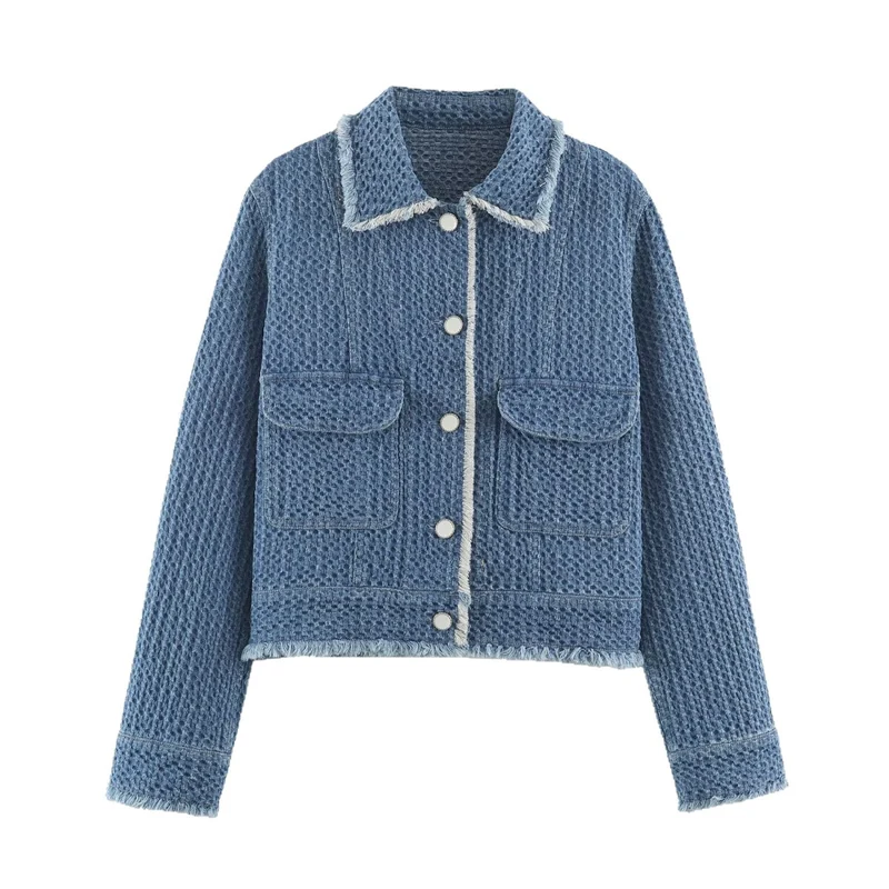 Damen strukturierte Kurzjacke aus Bouclé-Denim mit Fransensaum Drune