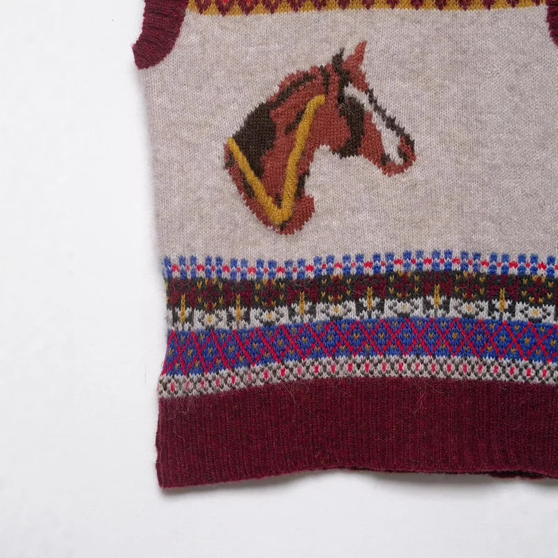 Damen Strickweste mit Norweger‑Muster, V‑Ausschnitt und Pferdeintarsien Drune