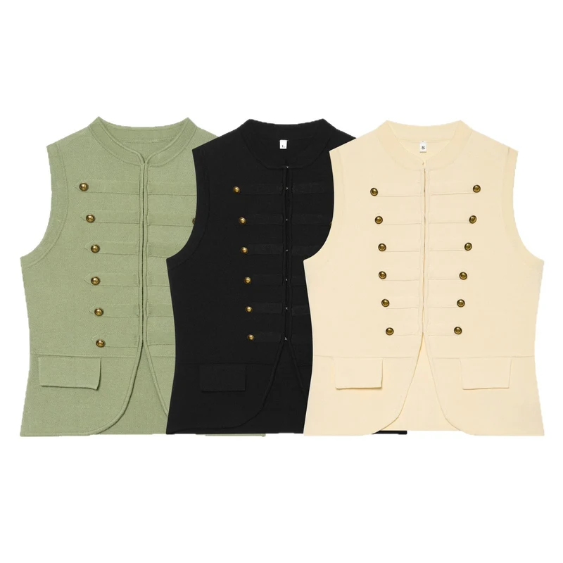 Damen Strickweste im Military‑Stil mit goldenen Zierknöpfen Drune