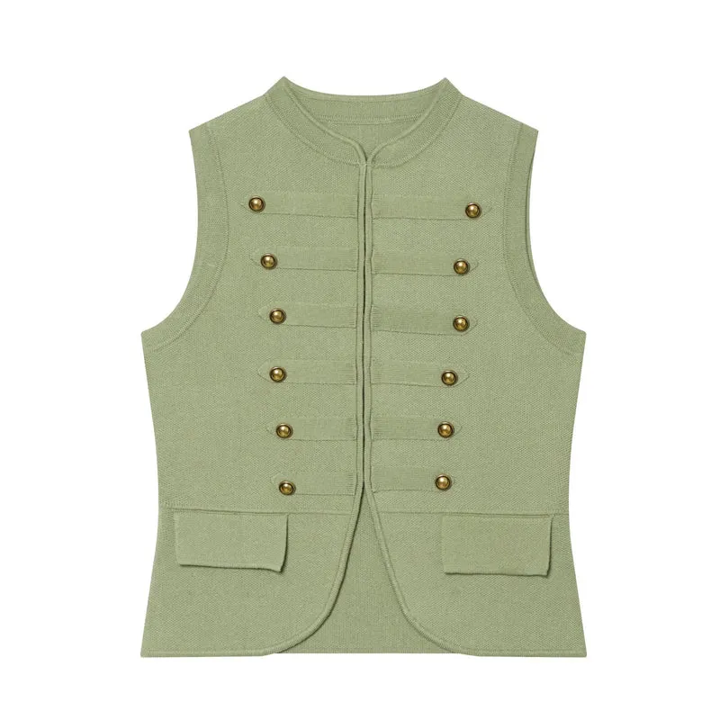 Damen Strickweste im Military‑Stil mit goldenen Zierknöpfen Drune
