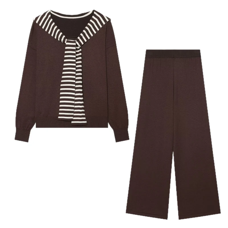 Damen Strickset mit Matrosenkragen-Pullover und weiter Culottehose Drune