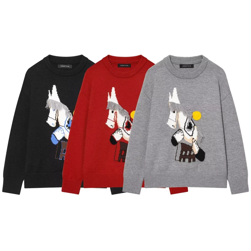 Damen Strickpullover mit Pferde-Motiv und Fransenapplikation, Oversize-Rundhals Drune