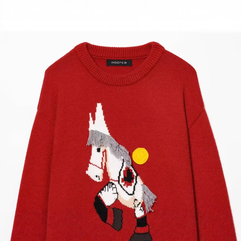 Damen Strickpullover mit Pferde-Motiv und Fransenapplikation, Oversize-Rundhals Drune
