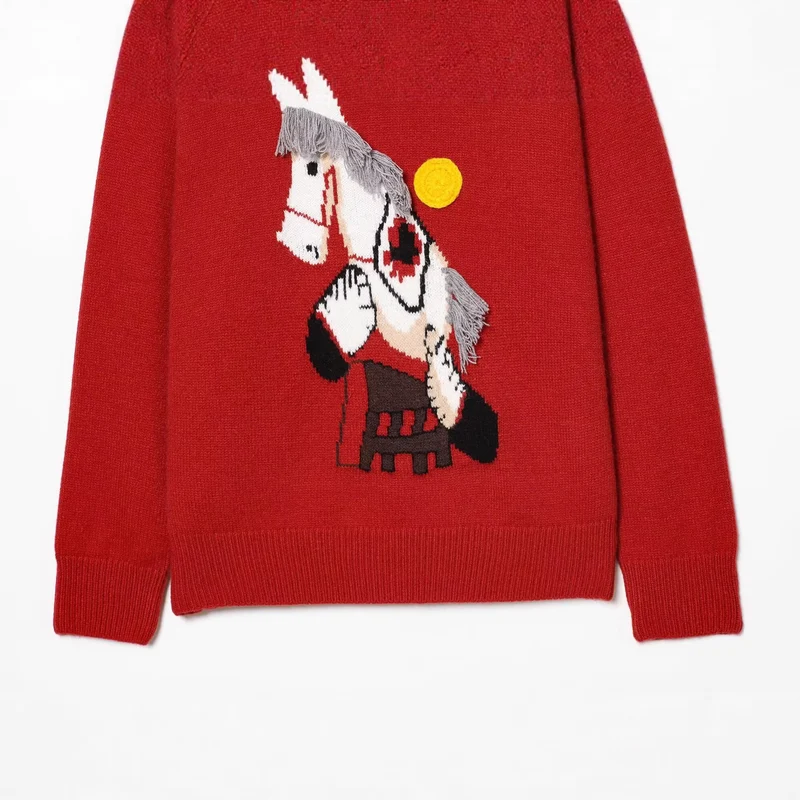 Damen Strickpullover mit Pferde-Motiv und Fransenapplikation, Oversize-Rundhals Drune