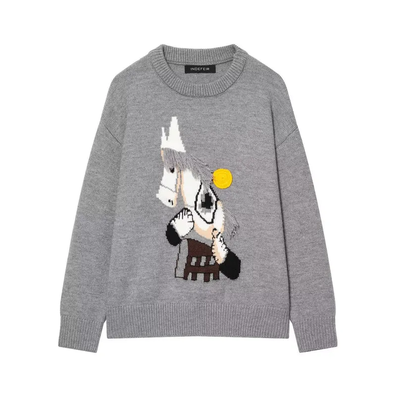 Damen Strickpullover mit Pferde-Motiv und Fransenapplikation, Oversize-Rundhals Drune