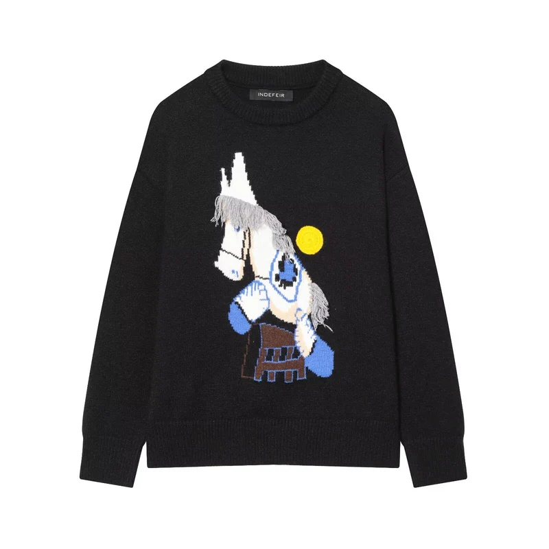Damen Strickpullover mit Pferde-Motiv und Fransenapplikation, Oversize-Rundhals Drune