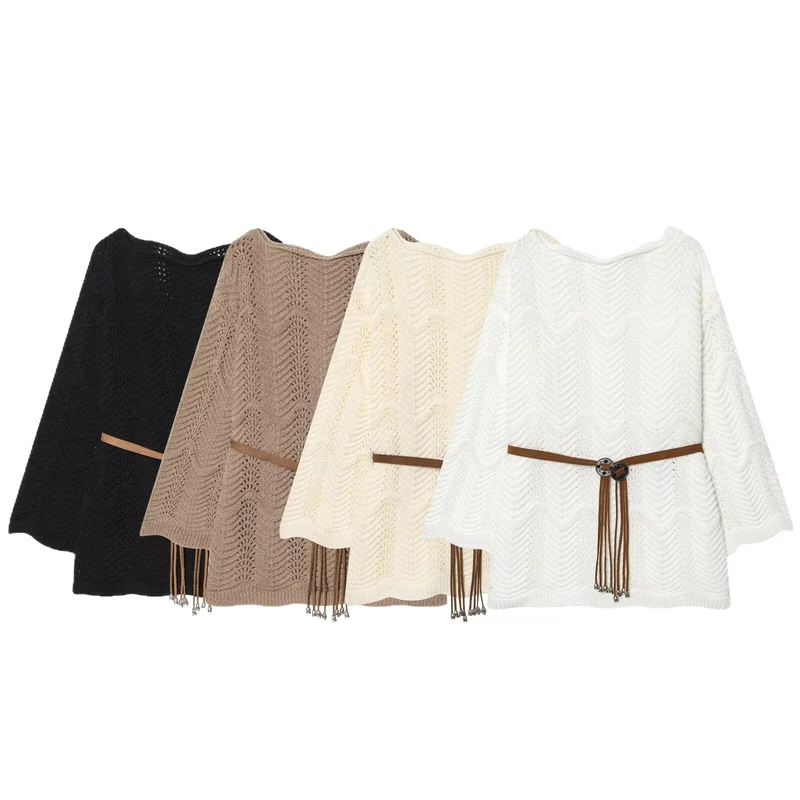 Damen Strickponcho mit Zickzack‑Ajourmuster und Taillengürtel Drune