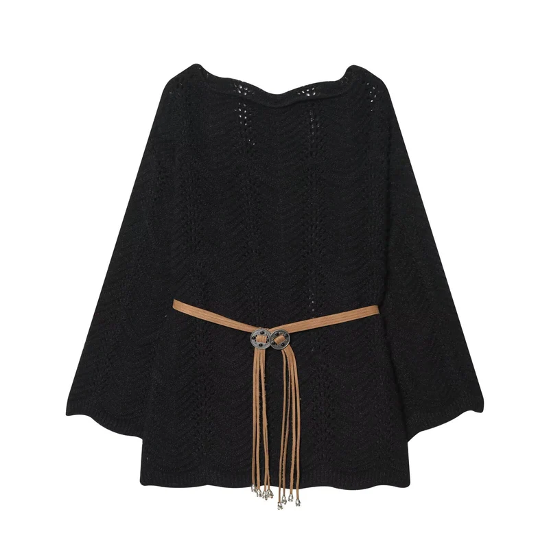 Damen Strickponcho mit Zickzack‑Ajourmuster und Taillengürtel Drune
