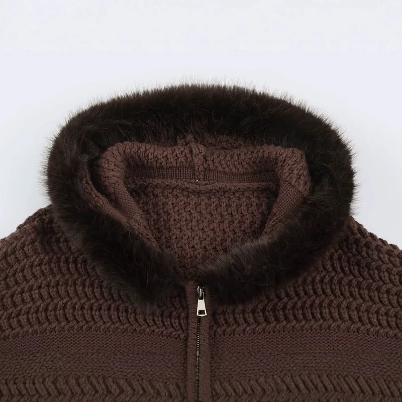 Damen Strickjacke mit durchgehendem Reißverschluss und kuscheligem Kunstpelzkragen Drune