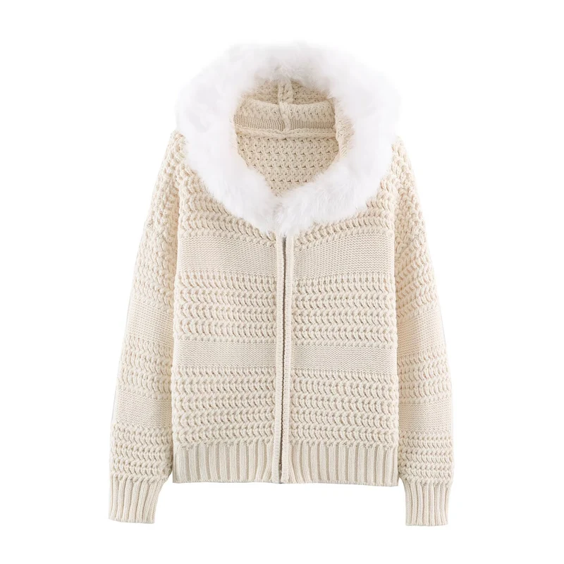 Damen Strickjacke mit durchgehendem Reißverschluss und kuscheligem Kunstpelzkragen Drune