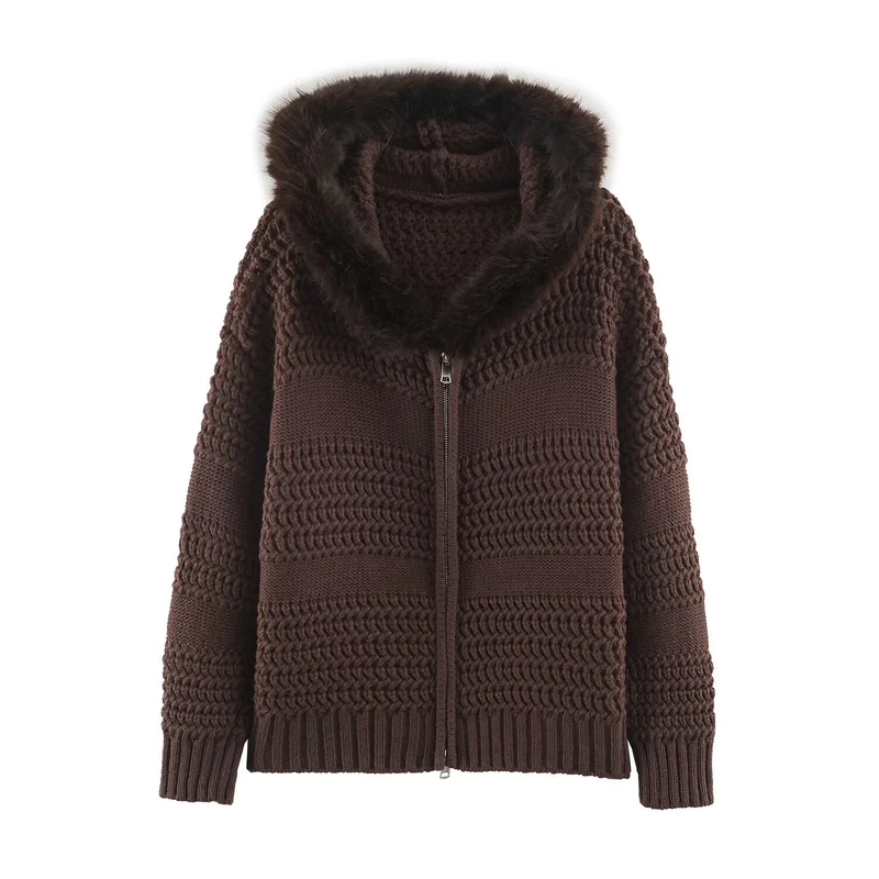 Damen Strickjacke mit durchgehendem Reißverschluss und kuscheligem Kunstpelzkragen Drune