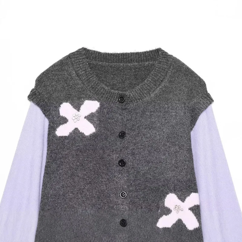 Damen Strickcardigan mit Zierblüten‑Applikation und kontrastärmeln Drune