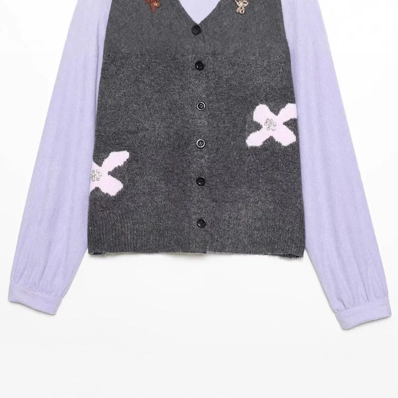 Damen Strickcardigan mit Zierblüten‑Applikation und kontrastärmeln Drune