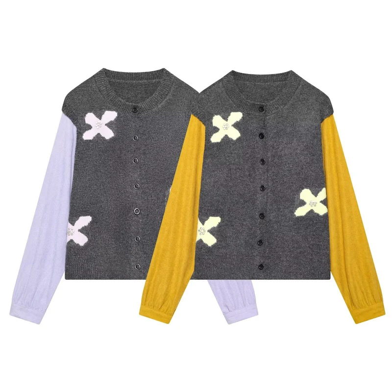 Damen Strickcardigan mit Zierblüten‑Applikation und kontrastärmeln Drune