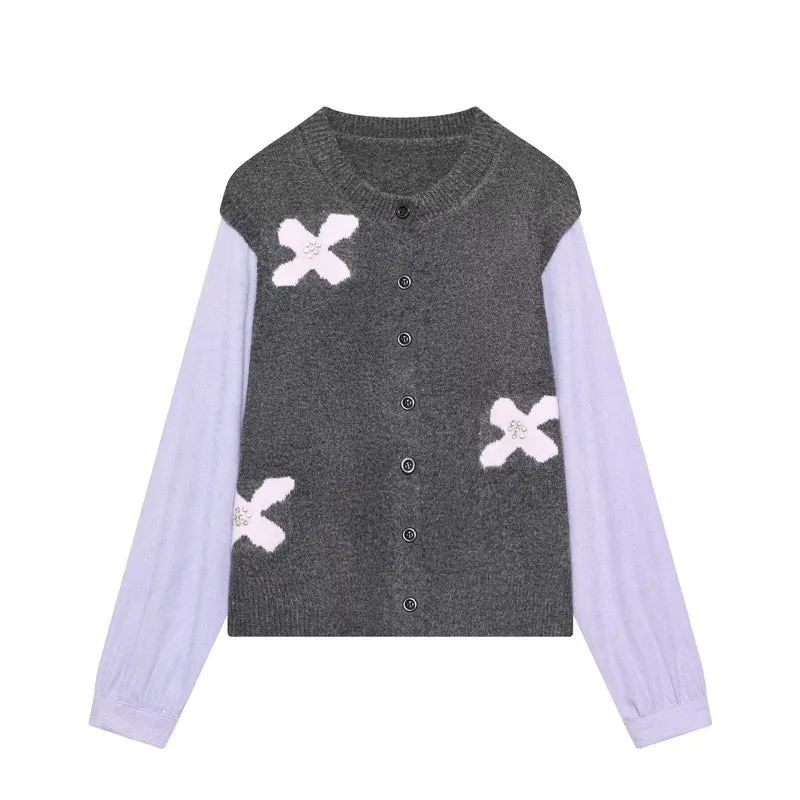 Damen Strickcardigan mit Zierblüten‑Applikation und kontrastärmeln Drune