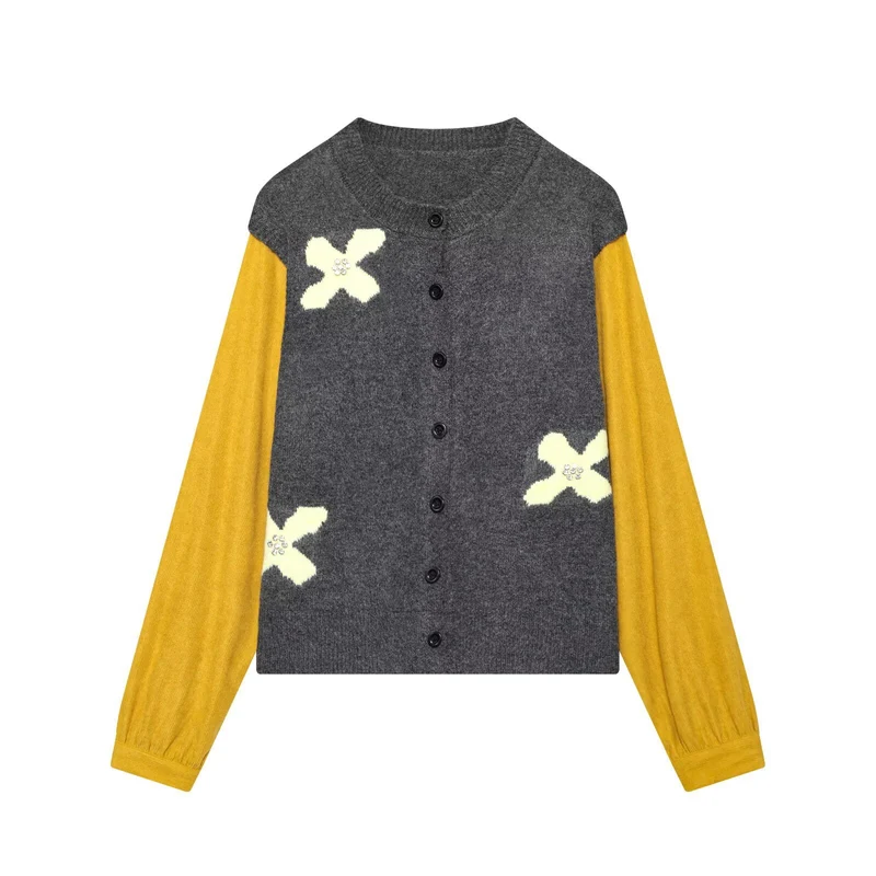 Damen Strickcardigan mit Zierblüten‑Applikation und kontrastärmeln Drune