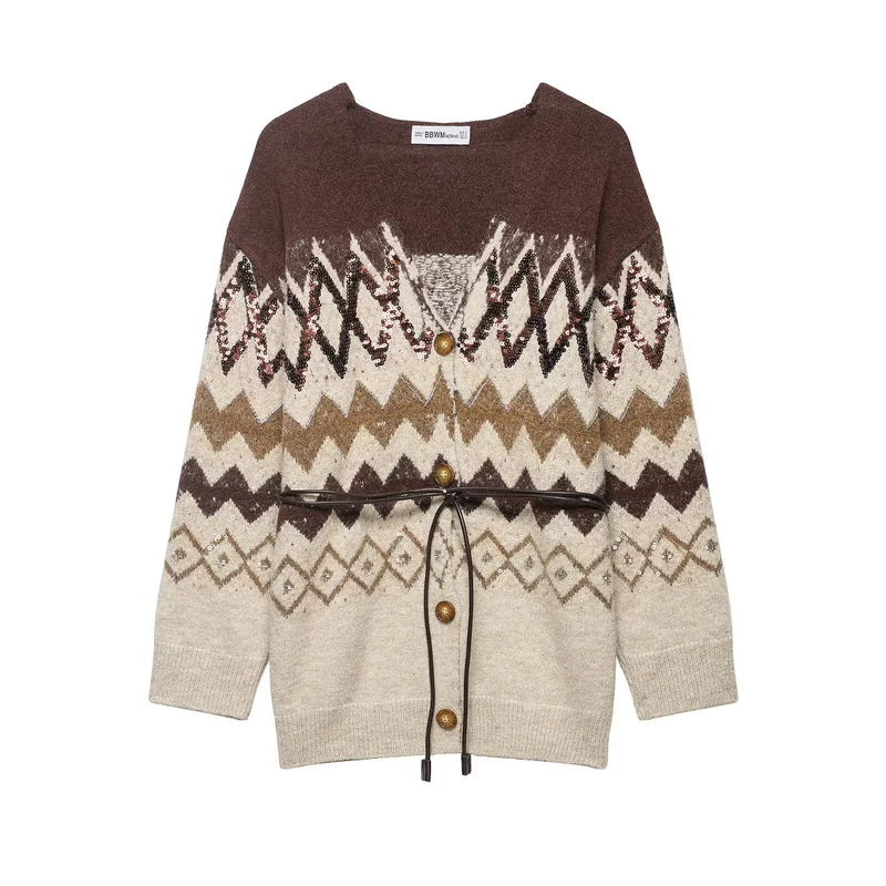 Damen Strickcardigan mit Zickzack-Jacquard, Paillettenbesatz und Taillengürtel Drune