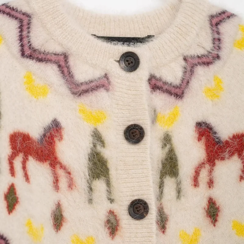 Damen Strickcardigan mit Norwegermuster und Pferde-Motiv, Zopfmuster und Knopfleiste Drune