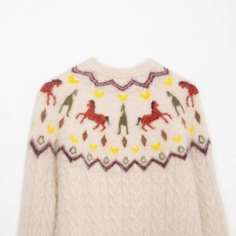 Damen Strickcardigan mit Norwegermuster und Pferde-Motiv, Zopfmuster und Knopfleiste Drune