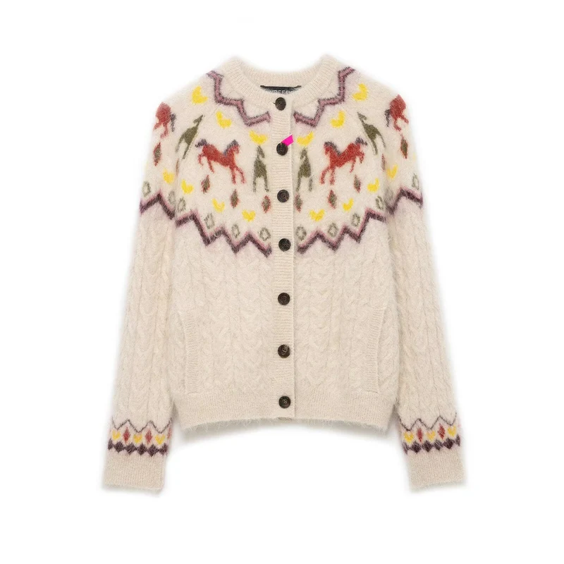 Damen Strickcardigan mit Norwegermuster und Pferde-Motiv, Zopfmuster und Knopfleiste Drune