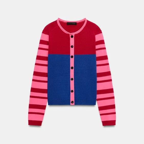 Damen Strickcardigan mit Colorblock-Front und gestreiften Ärmeln Drune