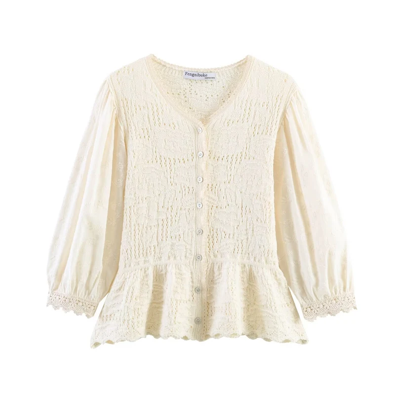 Damen Strickbluse mit Knopfreihe, Spitzenmanschetten und Volant‑Peplum Drune